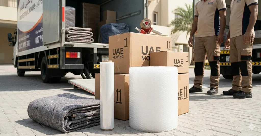 A realistic close-up photo of a large roll of transparent bubble wrap, a roll of stretch film, a tape dispenser, and folded moving blankets on a stone pavement. These packing materials are neatly arranged in front of an open-door professional moving truck and a residential villa in the UAE.