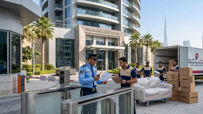 Professional movers presenting a move-in permit to a security officer at a Dubai residential tower entrance.