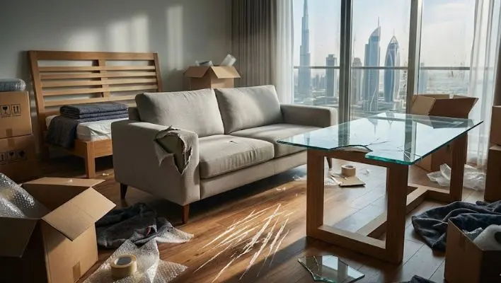 Damaged furniture and scratched floors in a Dubai apartment, showing why you need an expert packing tip on how to move furniture in Dubai without damage.