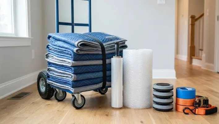 Essential moving supplies including furniture pads, stretch wrap, and dollies—a key expert packing tip for how to move furniture in Dubai without damage.