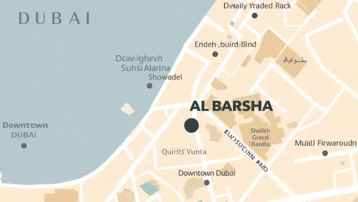 Map of Al Barsha Dubai showing its central location near Downtown Dubai and major business hubs for a complete neighbourhood guide.