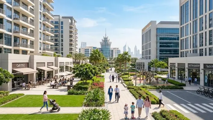 A modern residential and commercial street in DSO, highlighting what to know before moving to Dubai Silicon Oasis including cost and lifestyle.