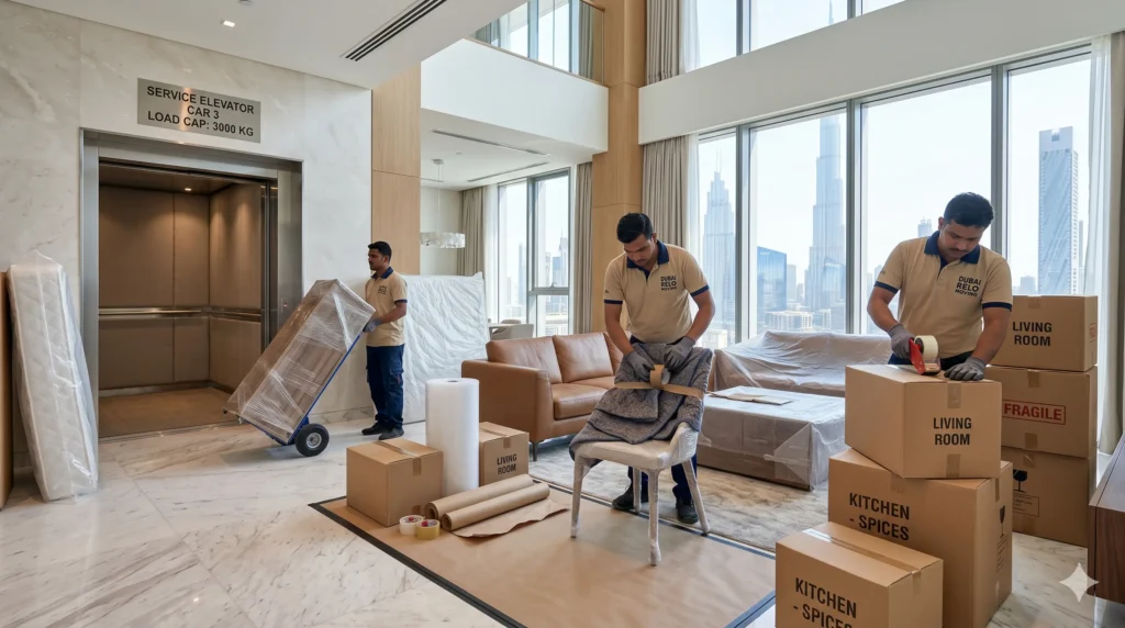 Professional furniture packing and moisture protection for a luxury home, as seen in this Moving to Palm Jumeirah Villa & Apartment Relocation Guide example.