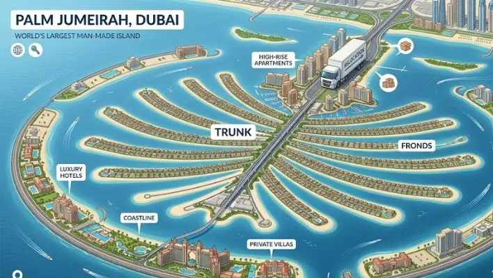 An illustrated map of the Palm Jumeirah layout including the Trunk, Fronds, and Crescent, featured in the Moving to Palm Jumeirah Villa & Apartment Relocation Guide.