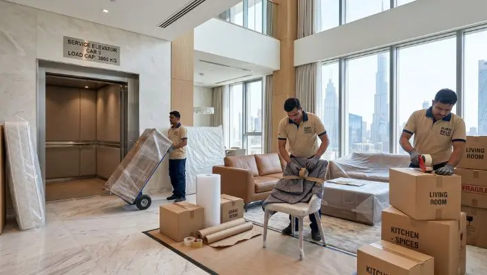 Professional movers packing furniture in a luxury high-rise, part of the comprehensive Moving to Palm Jumeirah Villa & Apartment Relocation Guide.