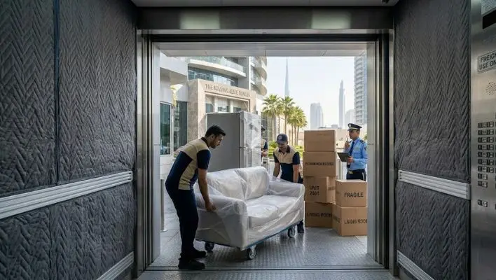 Movers loading furniture into a padded freight lift in a Dubai tower as part of a permitted move.