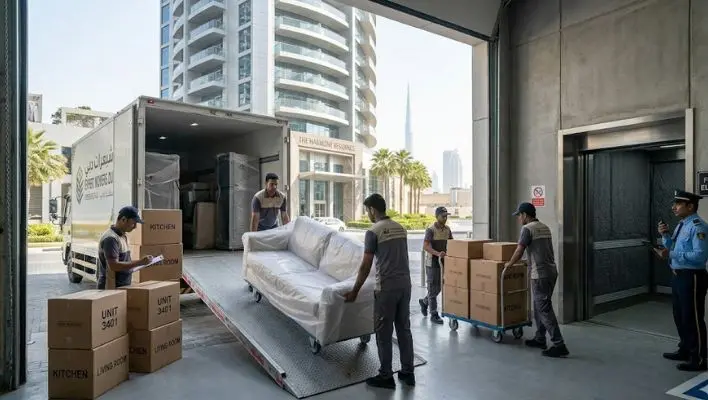 Commercial office movers unloading furniture from a truck at a Business Bay tower in Dubai.