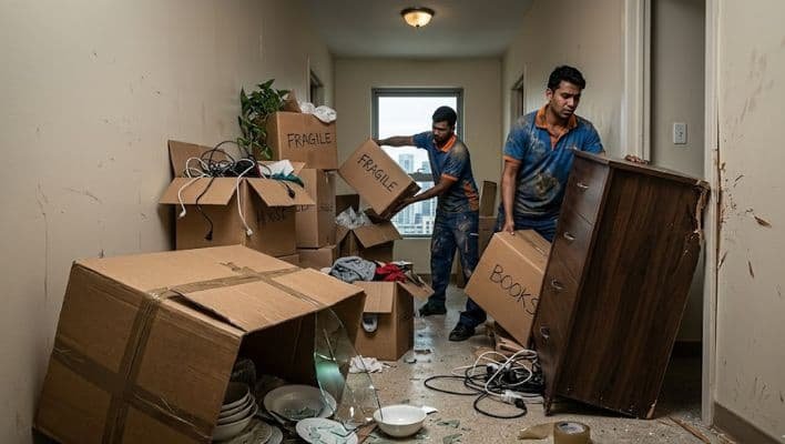 What Is Zero-Damage Moving How Movers Packer Guarantees It – damaged furniture, broken items, and messy packing showing risks of poor moving services