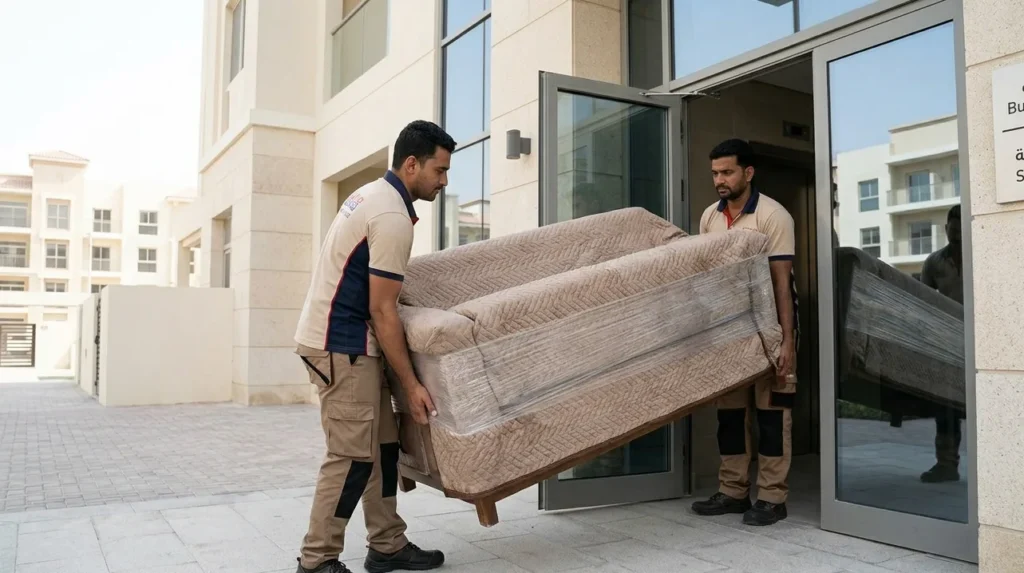 A realistic photo of two professional movers in uniform carefully carrying a large upholstered sofa (covered in a protective quilted blanket and shrink wrap) through the service entrance of a modern UAE apartment building, navigating a service elevator hallway.