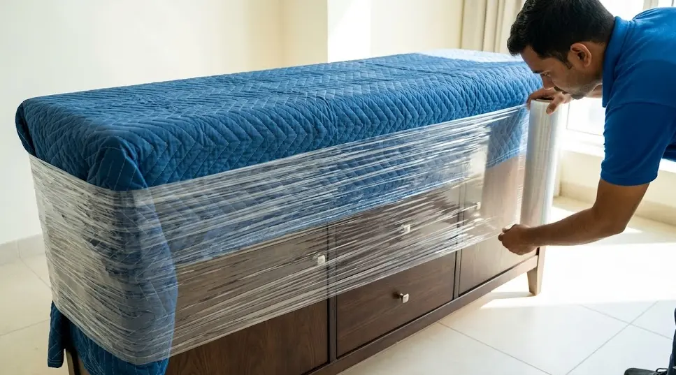 A professional mover in Dubai applies a layer of clear industrial stretch film over a blue quilted moving blanket to protect a wooden sideboard.