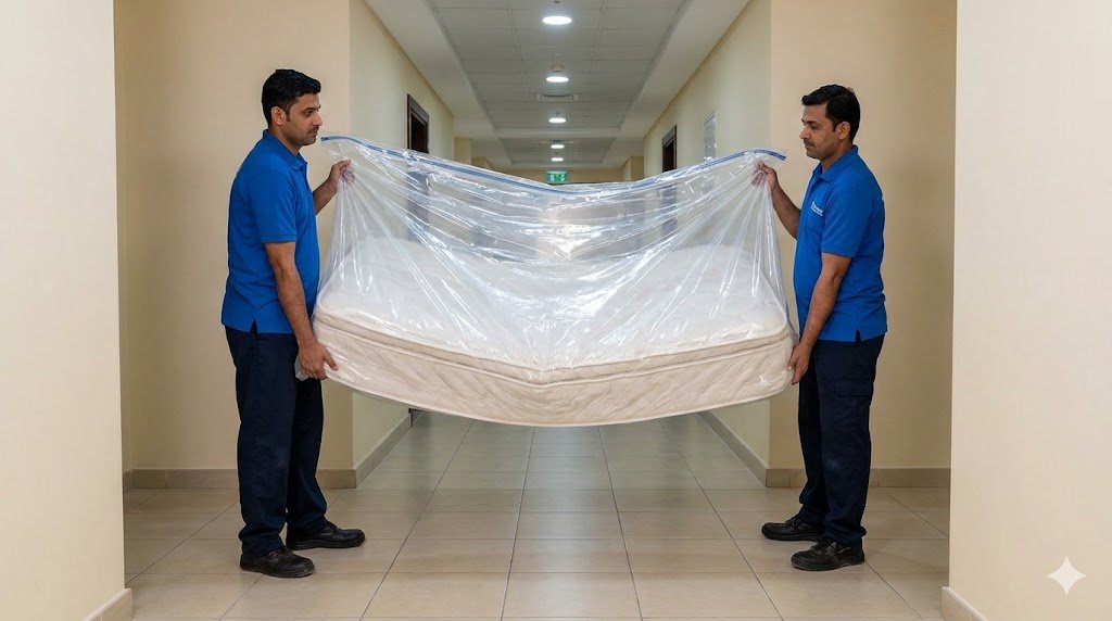 Two professional movers in Abu Dhabi carry a king-size mattress completely sealed in a durable, clear plastic mattress bag through a building hallway.