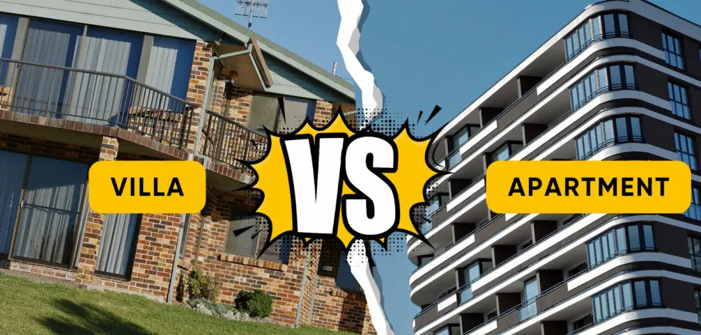 A side-by-side graphic comparison illustrating a residential brick villa on the left and a modern high-rise apartment building on the right, separated by a comic-style "VS" burst to highlight the differing community management guidelines and clearance rules for each property type.