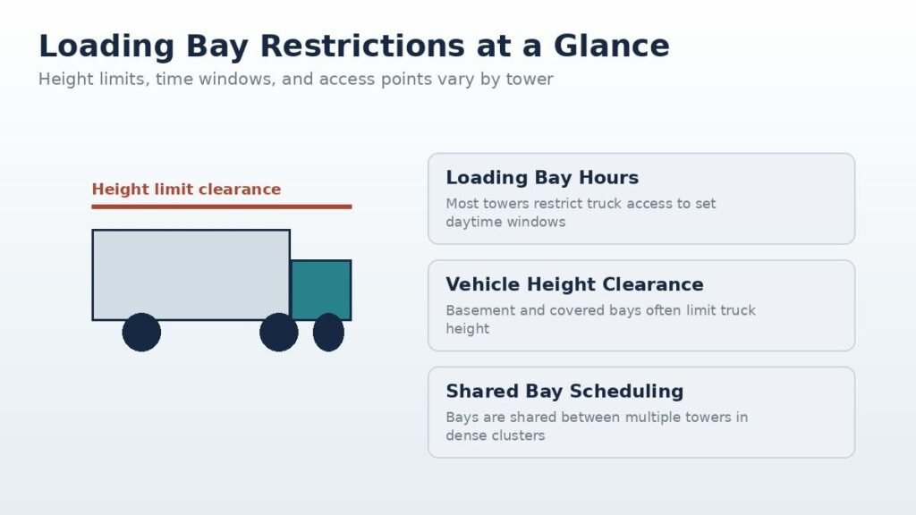 Loading bay height limits and parking rules graphic for moving trucks in Al Majaz and Dubai Marina